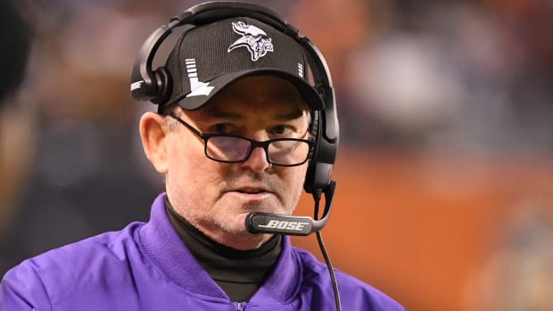 Dec 20, 2021; Chicago, Illinois, USA; Minnesota Vikings head coach Mike Zimmer looks on in the second half against the Chicago Bears at Soldier Field.